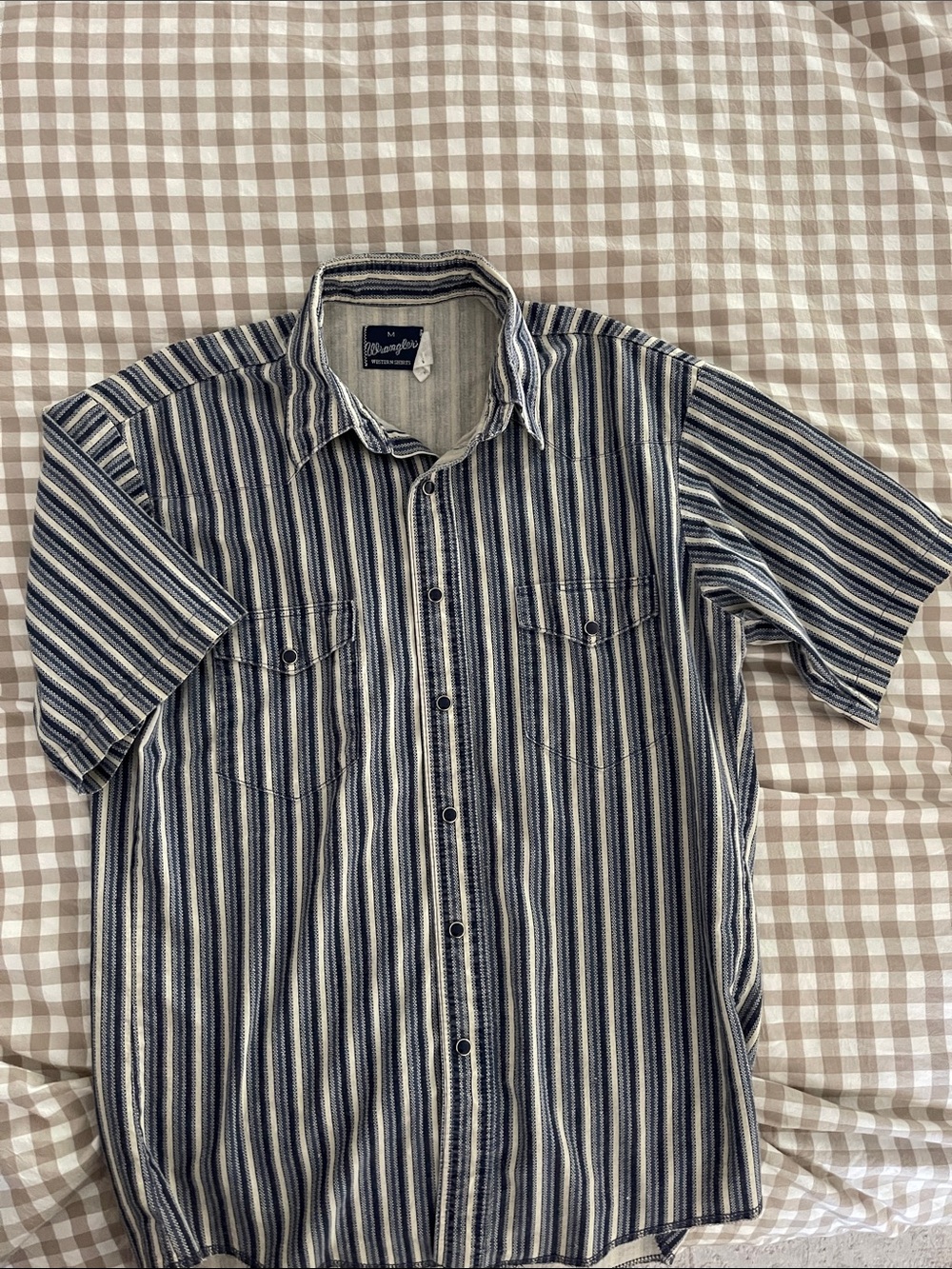 Wrangler Navy and White Vertical Stripe Short Sleeve Button-Down